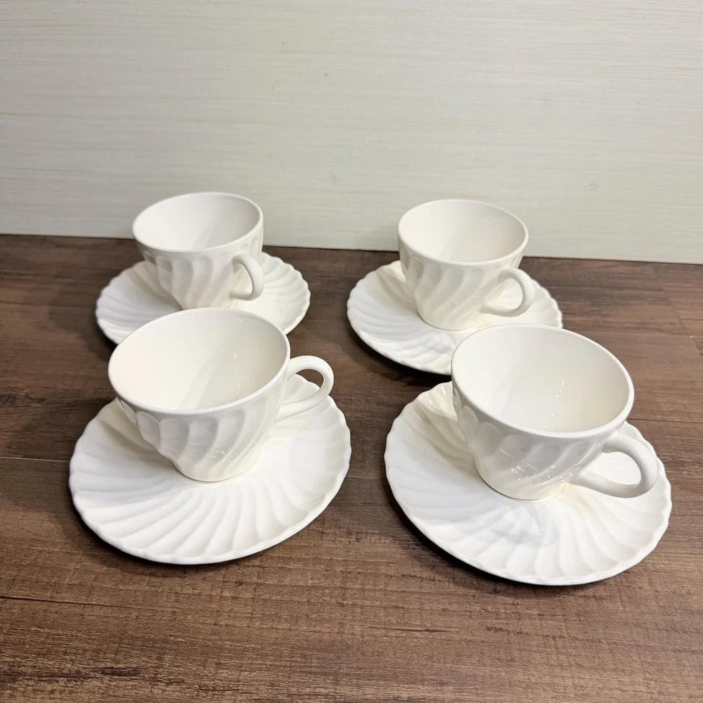 4 VTG Johnson Brothers Snowhite Regency White Teacups Saucers Swirl Coffee Cups